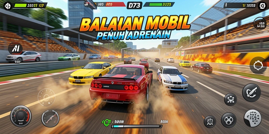 Tampilan gameplay seru D73 saat balapan di jalanan kota.