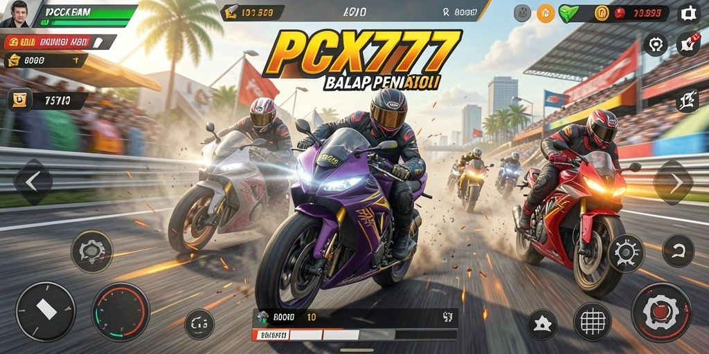 Screenshot gameplay PCX777 menunjukkan aksi balap motor yang mendebarkan.