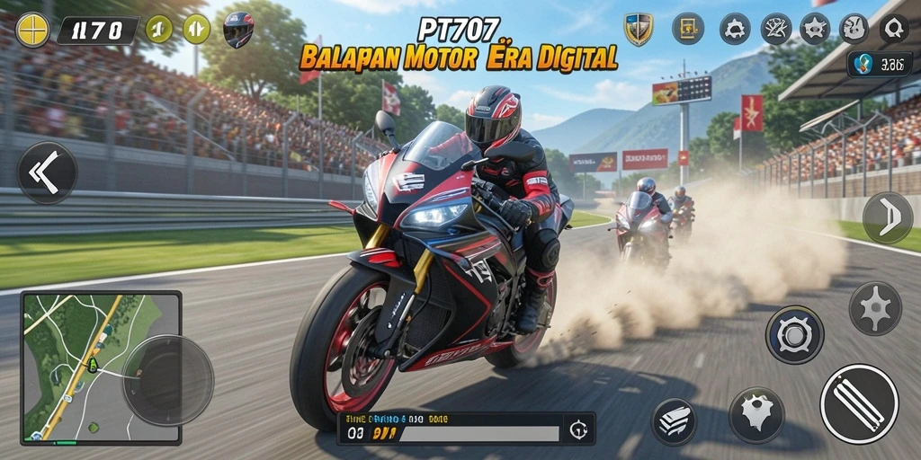 Tangkapan layar PT707 menunjukkan aksi balapan motor yang mendebarkan.